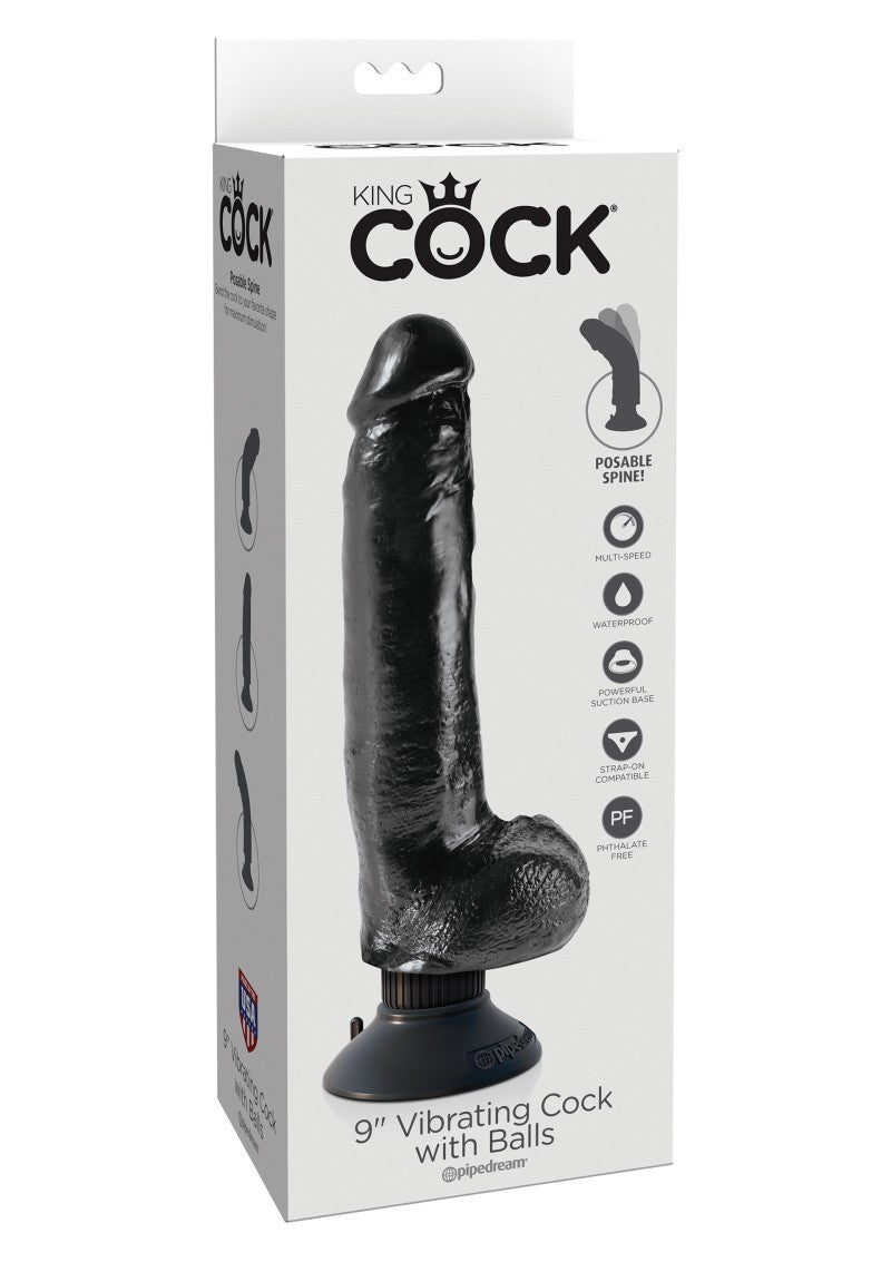 King Cock 9" Vibrating With Balls Black