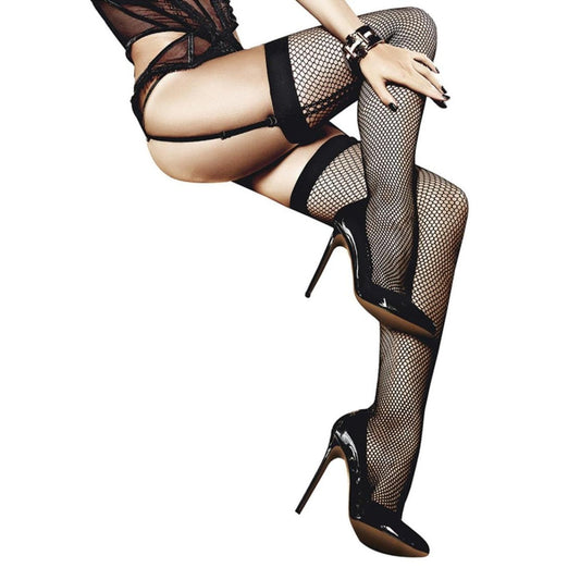 Baci Fishnet Thigh High Stocking with Backseam Black