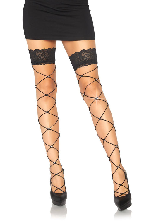 Wide Net Thigh High Stockings, Black - One Size